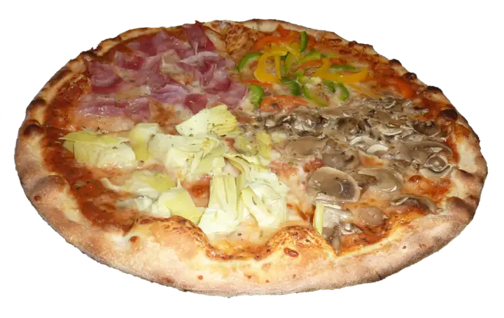 Pizza capricciosa z szynką, karczochami, pieczarkami i papryką.