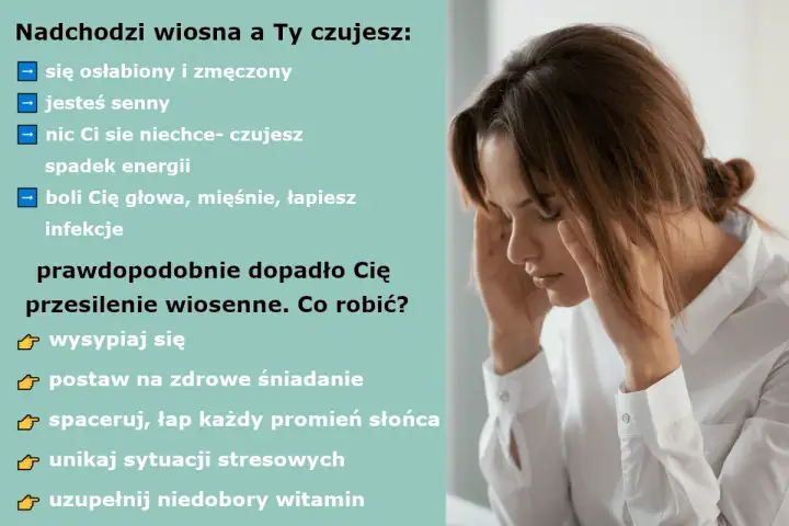 Kobieta z rękami na skroniach, odczuwająca ból głowy i zmęczenie.