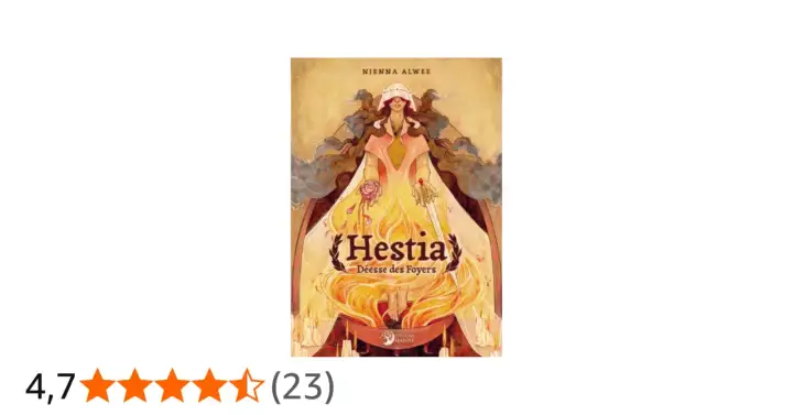 Hestia, déesse des foyers, représentée dans une illustration chaleureuse et protectrice, entourée de flammes et de bougies.