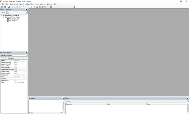 Okno edytora VBA z projektem, arkuszem i jego właściwościami. Widoczny jest panel "Project - VBAProject", "Properties - Arkusz1" oraz okna "Immediate" i "Locals".