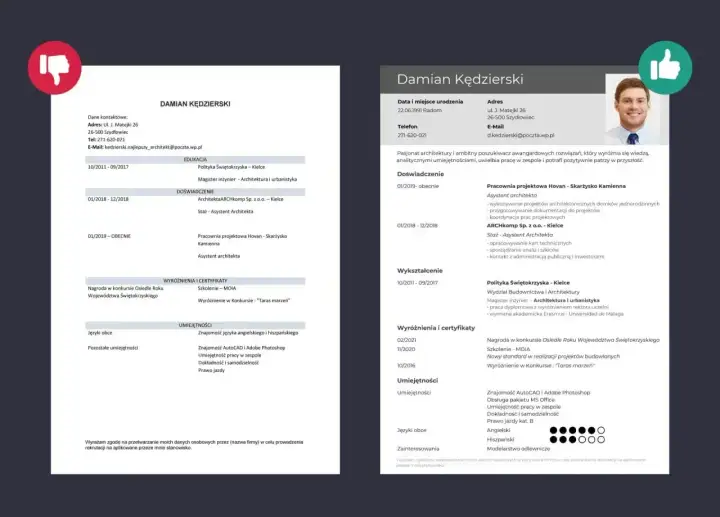 CV architekta Damiana Kędzierskiego, idealne do wysłania w mailu z CV. Zawiera dane kontaktowe, wykształcenie, doświadczenie, umiejętności i certyfikaty.
