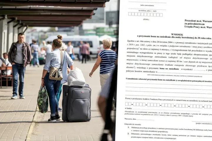 Wniosek o bon na zasiedlenie 2025. Osoby z bagażami czekają na dworcu, gotowe na nowy start.