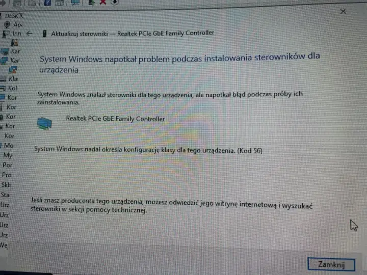 Błąd instalacji sterowników Realtek PCIe GBE Family Controller. System Windows nie może określić konfiguracji urządzenia.