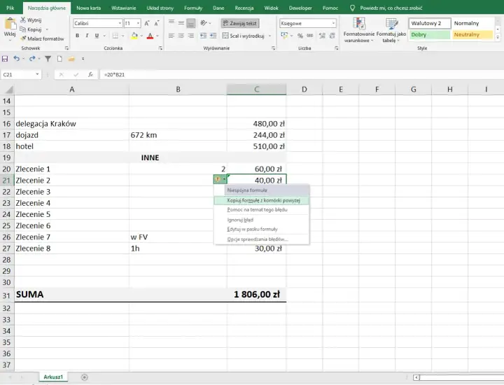 Excel formuły: kopiowanie formuły z komórki powyżej, błąd niespójności formuły w arkuszu kalkulacyjnym.