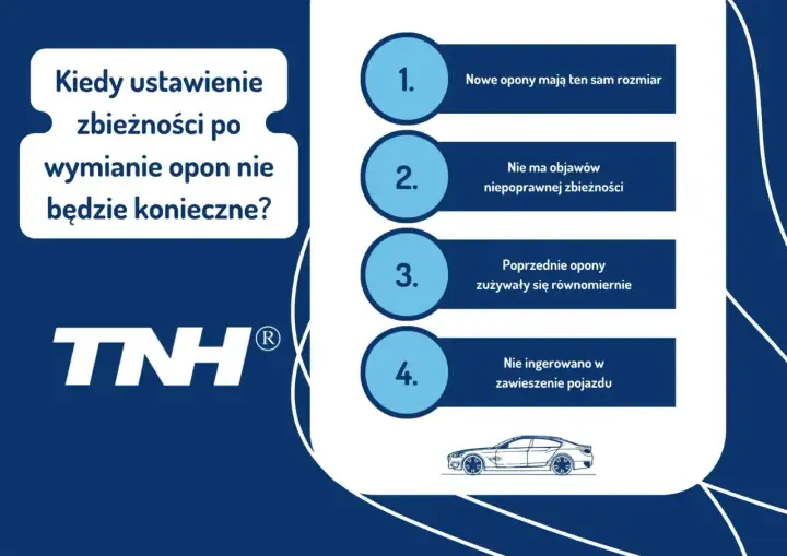 Kiedy ustawienie zbieżności nie jest potrzebne po wymianie opon? Gdy nowe opony są tego samego rozmiaru, nie ma objawów nieprawidłowej zbieżności, poprzednie opony zużywały się równomiernie i nie ingerowano w zawieszenie.