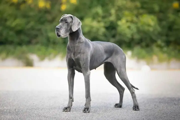 Niemiecki dog, imponująca wysokość w kłębie, prezentuje swoją majestatyczną sylwetkę na tle zieleni.
