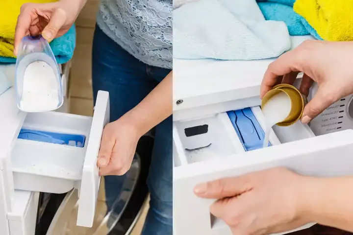 Differenza tra detersivo a mano e lavatrice: polvere nel cassetto della lavatrice e liquido versato da un misurino.