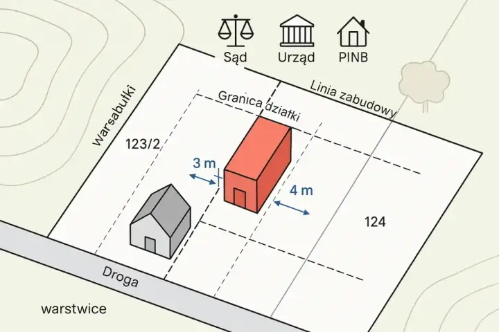 Mapa pokazuje działkę z budynkami i odległościami. W przypadku naruszenia granicy działki, można zgłosić sprawę do Sądu, Urzędu lub PINB.