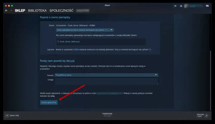 Ekran Steam z formularzem zwrotu gry "Cook, Serve, Delicious!" i podaniem powodu.