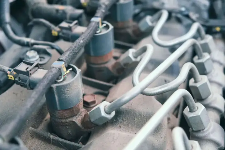 Inyectores de combustible de un motor Peugeot, modelo p0088, con tubos metálicos y conectores eléctricos.