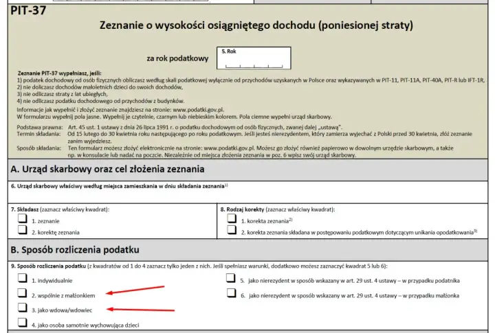 Formularz PIT-37, sekcja B. Sposób rozliczenia podatku. Zaznaczono opcję "wspólnie z małżonkiem", co oznacza wspólność majątkową.