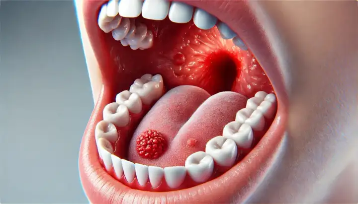 Una lesione rossa e granulosa, simile a un afta, sulla lingua. Denti bianchi e gengive rosa circondano la bocca aperta.