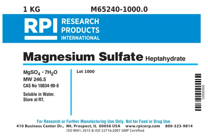 Etykieta produktu RPI: siarczan magnezu siedmiowodny, 1 kg. Formuła MgSO4·7H2O, numer CAS 10034-99-8.