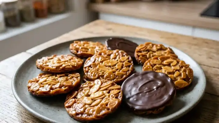 Assiette de florentins aux amandes, certains recouverts de chocolat noir. Une délicieuse recette à essayer !