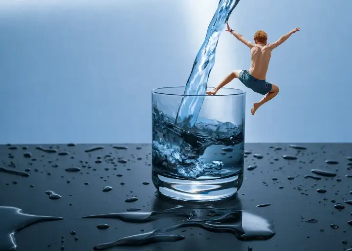 Chłopiec skacze do szklanki z wodą, jakby odkrywał, czym jest hydroterapia.