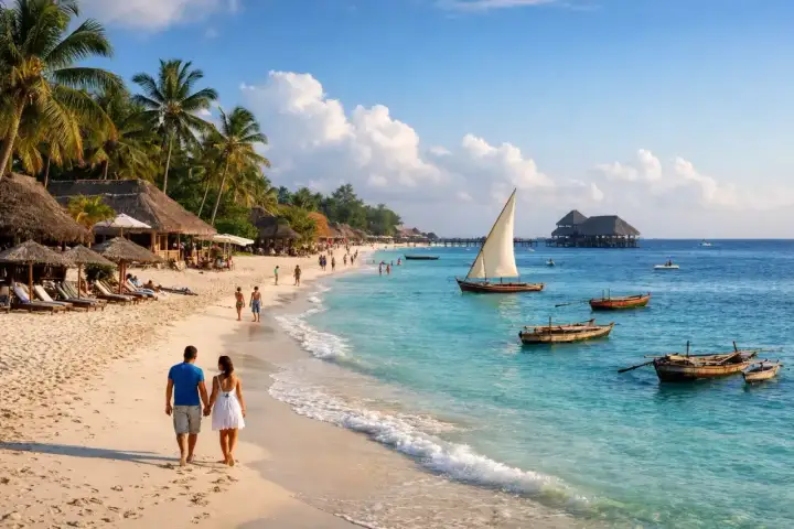 Zanzibar co warto zobaczyć: rajska plaża z palmami, łodzie na turkusowym morzu i spacerująca para. Idealne miejsce na wakacje.