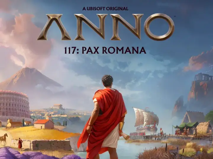 Un hombre con toga mira un paisaje que evoca el anno 117 pax romana, con un coliseo, un volcán y un asentamiento costero.