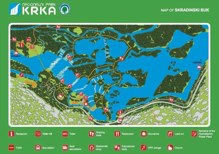 Mapa Parku Narodowego Krka, ukazująca sieć szlaków, wodospady, punkty widokowe i udogodnienia dla turystów.