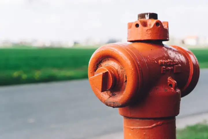 Pomarańczowy hydrant stoi blisko drogi, a za nim widać zielone pole. Odległość hydrantu od ogrodzenia jest niewielka.