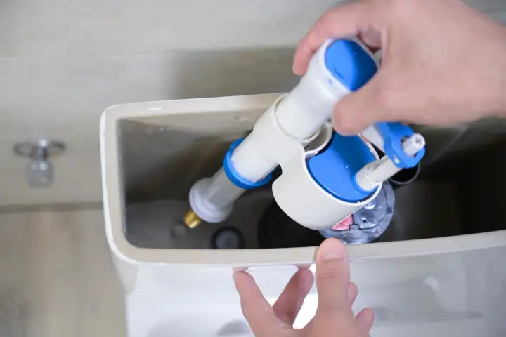Mano instalando un nuevo mecanismo de descarga para cambiar la cisterna del inodoro.
