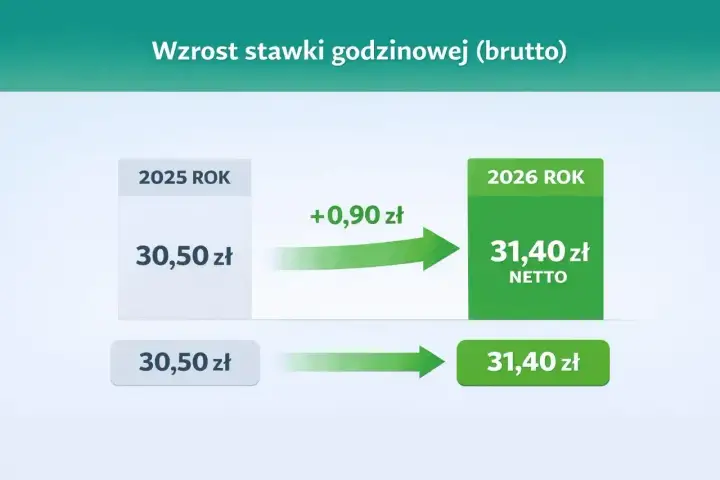 Wzrost stawki godzinowej brutto z 30,50 zł w 2025 r. do 31,40 zł w 2026 r. Pokazuje to umowa zlecenie stawka godzinowa.