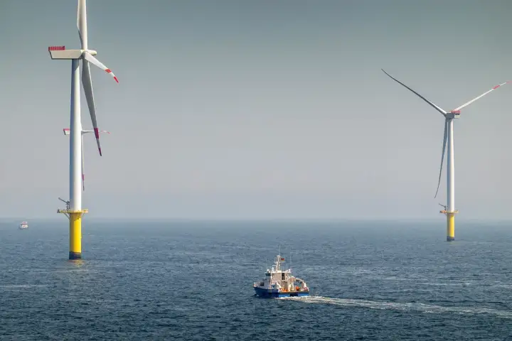 Ogromne turbiny wiatrowe na morzu, symbol nowoczesnej morskiej energetyki wiatrowej, na tle spokojnego oceanu. Statek serwisowy płynie w kierunku jednej z nich.