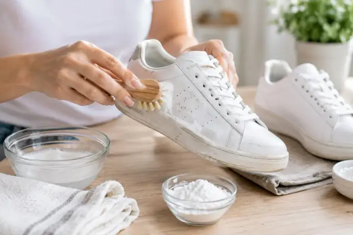 Mani che puliscono scarpe bianche con una spazzola, mostrando come lavare le scarpe con bicarbonato e sapone.