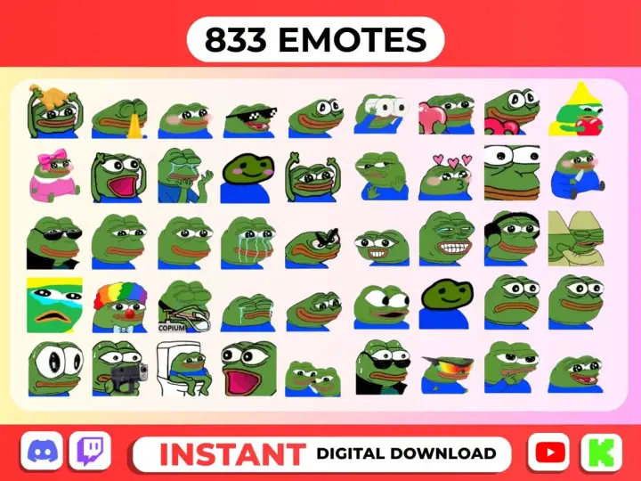 Viele verschiedene Twitch Emotes sehen, die den beliebten Frosch Pepe darstellen, in lustigen und emotionalen Posen.