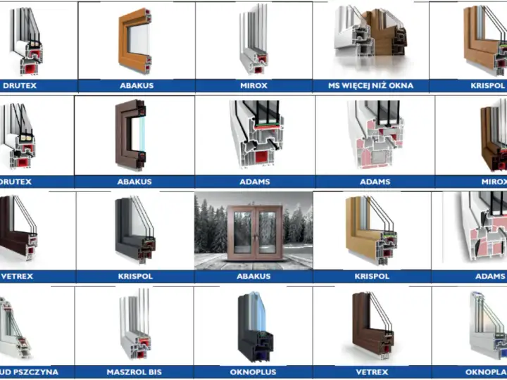 Przekroje okien aluminiowe czy pcv różnych producentów: Drutex, Abakus, Mirox, Krispol, Adams, Vetrex.