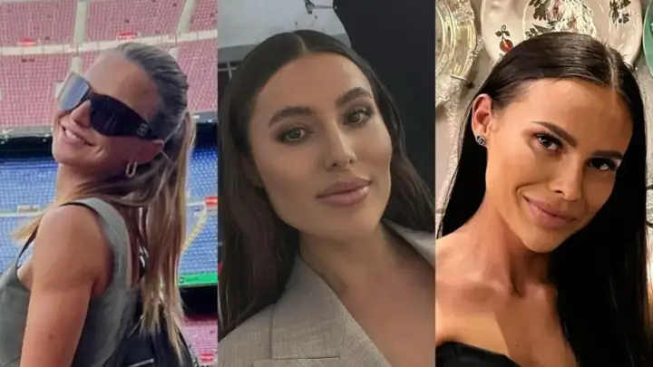 Trzy uśmiechnięte polskie WAGs: jedna w okularach przeciwsłonecznych na tle stadionu, druga w marynarce, trzecia z biżuterią.