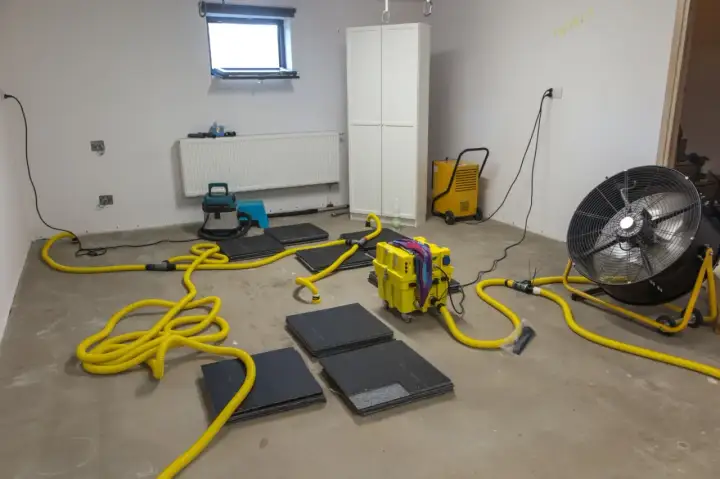 Gerät zur **Keller trockenlegen von innen selber machen**: Bautrockner, Ventilator und Schläuche im Einsatz.