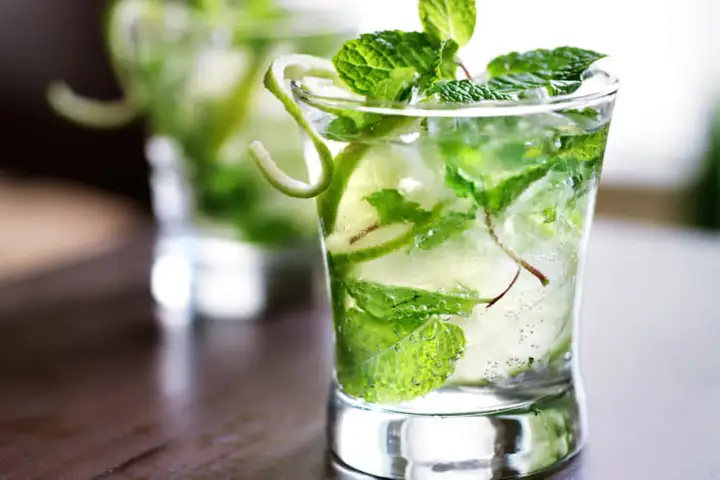 Un verre de virgin mojito rafraîchissant, rempli de glaçons, menthe fraîche et rondelles de citron vert.