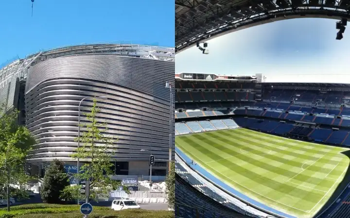 Stadion w Madrycie w trakcie przebudowy. Widok z zewnątrz i wnętrza z murawą.
