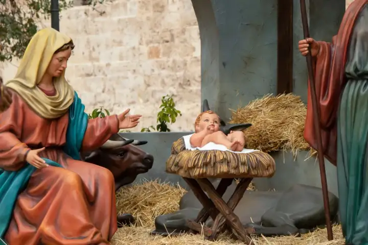 Szopka z Dzieciątkiem Jezus w żłóbku, Maryją i Józefem. Czy Jezus miał rodzeństwo? Ta scena sugeruje, że był jedynakiem.