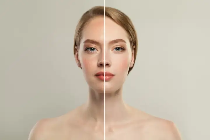 Comparativa de diatermia facial antes y después: piel más lisa y luminosa.