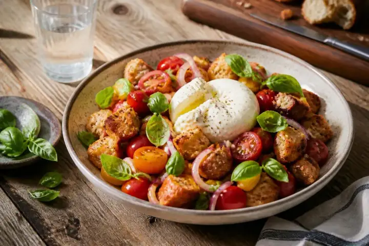 Ein köstliches Brotsalat Rezept mit Burrata, Tomaten und Basilikum auf rustikalem Holztisch.