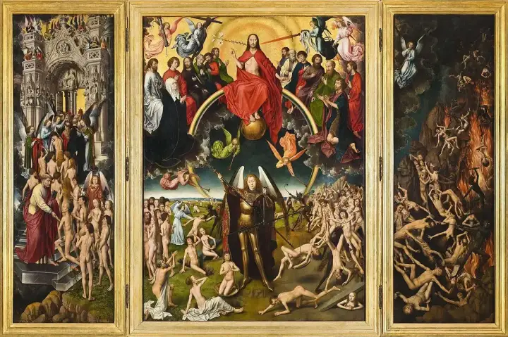 Tryptyk ukazujący Sąd Ostateczny. Symbolizm w malarstwie przykłady: niebo, ziemia i piekło, z Chrystusem w centrum, aniołami, ludźmi i demonami.