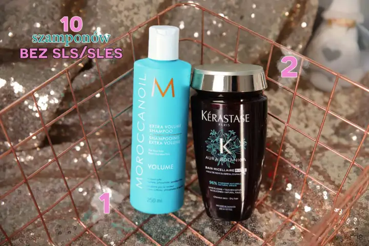 Dwa szampony bez silikonów: Moroccanoil Volume i Kérastase Aura Botanica. Idealne dla włosów potrzebujących delikatnej pielęgnacji.