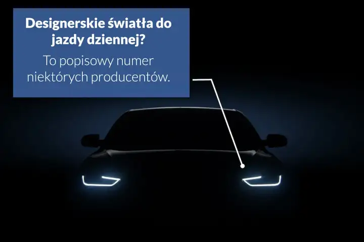 Ciemny samochód z podświetlonymi światłami do jazdy dziennej. Czy to światła mijania? Nie, to popisowy numer niektórych producentów.