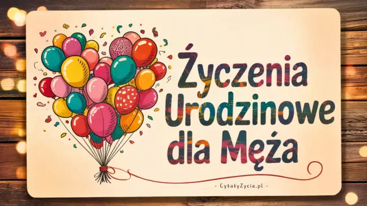 Kolorowe balony unoszą się nad napisem "Życzenia Urodzinowe dla Męża". Idealne, by pomyśleć, czego życzyć na urodziny.