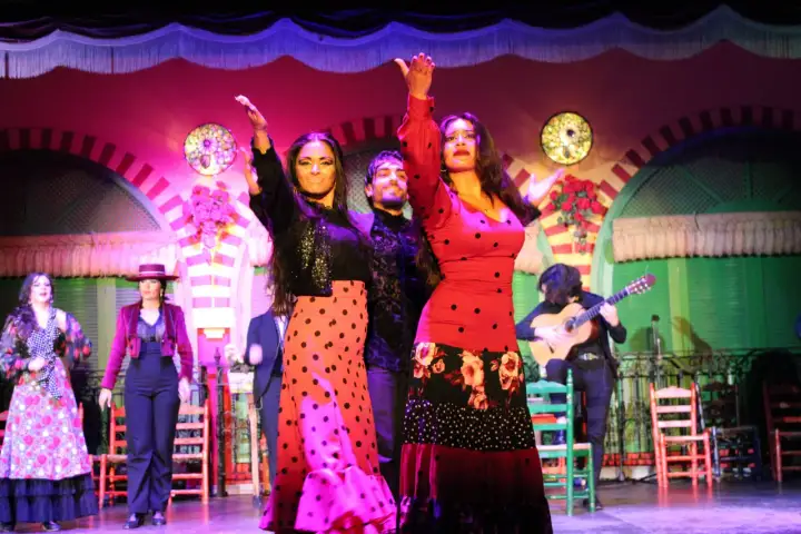 Artistas de flamenco en un escenario vibrante, con un guitarrista acompañando. Un cante de ida y vuelta lleno de pasión.