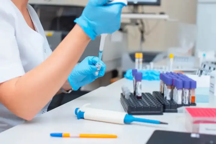 Laborantka w niebieskich rękawiczkach pobiera próbkę do analizy prokalcytoniny. W tle stoją probówki.