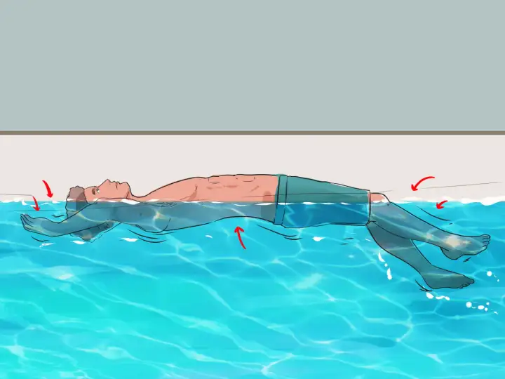 Illustration showing how to float on your back in water. Red arrows indicate subtle movements to maintain balance.