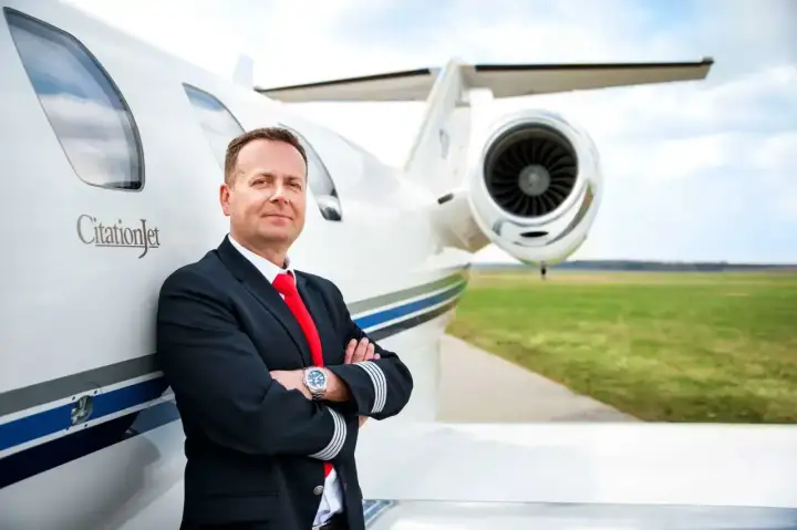 Pilot w mundurze z odznaką na rękawie opiera się o CitationJet. Marzysz, jak zostać pilotem?