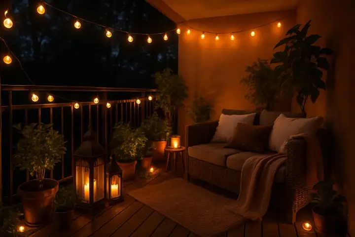 Ciepłe lampki na balkon tworzą przytulną atmosferę. Widać kanapę, rośliny i latarenki.