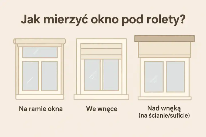 Jak zmierzyć okno na roletę? Ilustracja pokazuje trzy sposoby montażu rolet: na ramie okna, we wnęce i nad wnęką.
