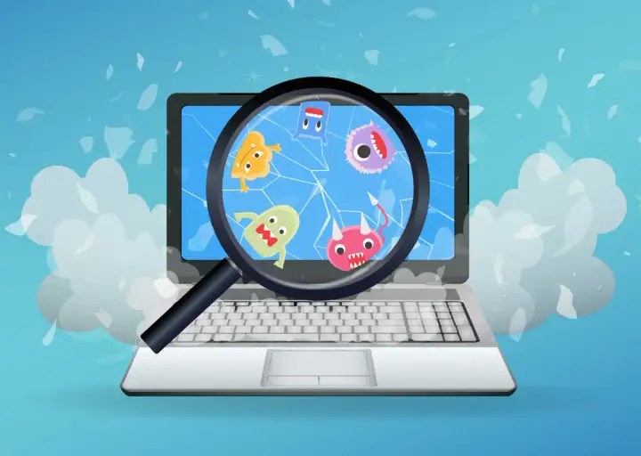 Laptop z kolorowymi potworkami na ekranie, powiększonymi przez lupę. Dowiedz się, jak usunąć wirusa z komputera i pozbyć się tych intruzów.