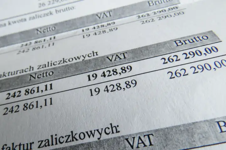 Szczegóły faktur zaliczkowych: netto 242 861,11, VAT 19 428,89, brutto 262 290,00. Zgodnie z art. 113 ust. 1 ustawy o VAT.