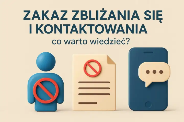 Zakaz zbliżania się i kontaktowania. Ikony osoby, dokumentu i telefonu z symbolami zakazu.