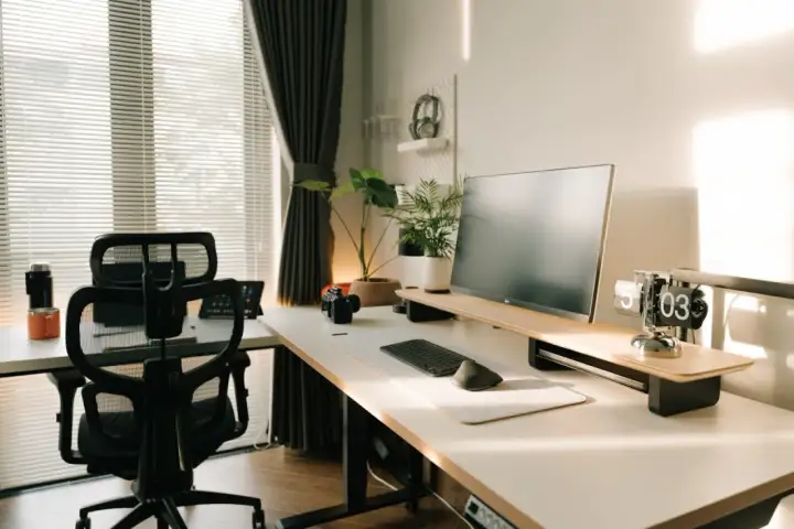 Nowoczesny gabinet w domu z biurkiem, monitorem, klawiaturą, myszką i wygodnym fotelem. Słońce wpada przez okno, tworząc przytulną atmosferę.